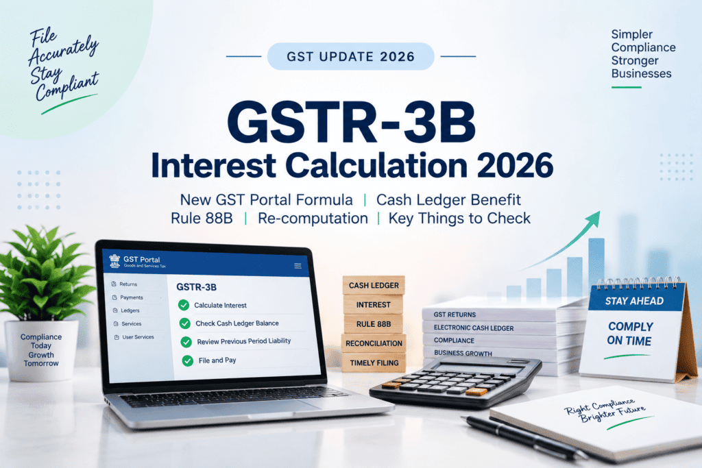 GSTR-3B interest calculation 2026 showing GST Portal, cash ledger and Rule 88B